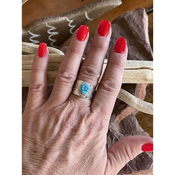 Navajo Sterling Silver Turquoise Cigar Band Ring - Picture 6 of 11